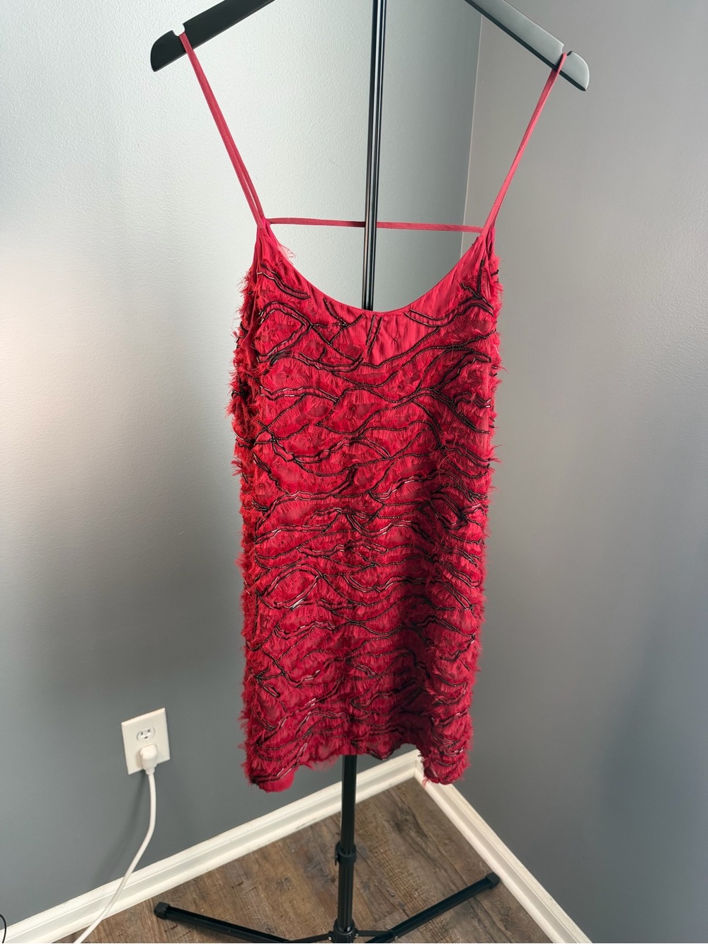 Parker Red Textured Fringe Slip Mini Dress